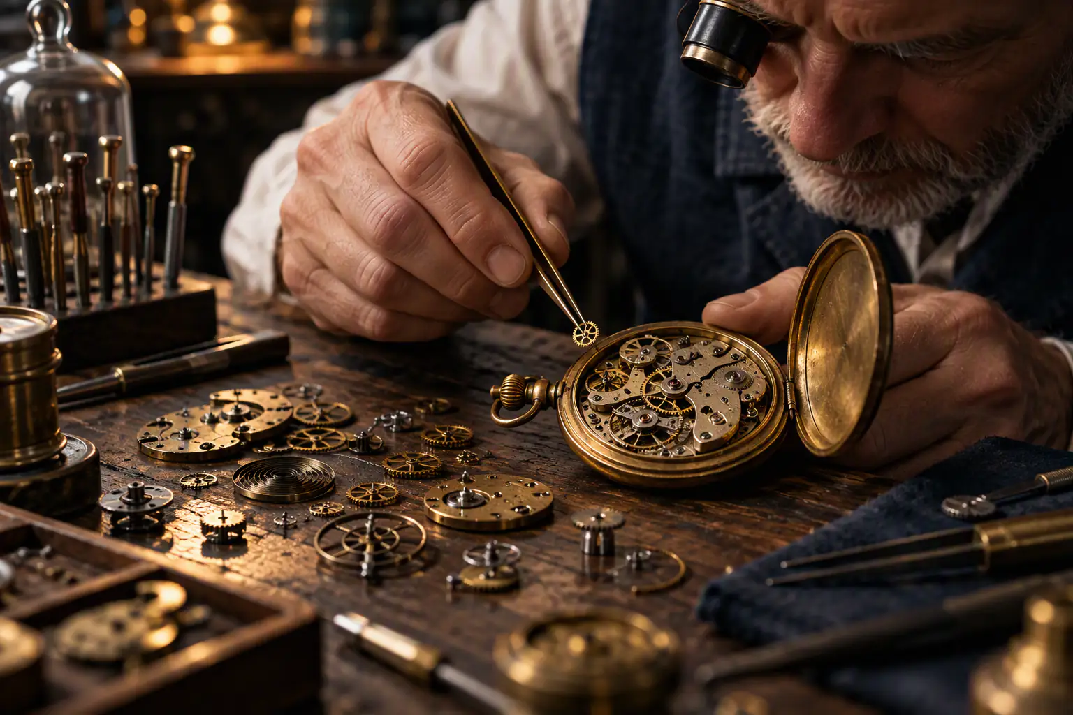 Master watchmaker repairing the intricate mechanism of an antique pocket watch on a workshop bench, symbolising dependability of a hand-built product over an AI version with no future accountability.
